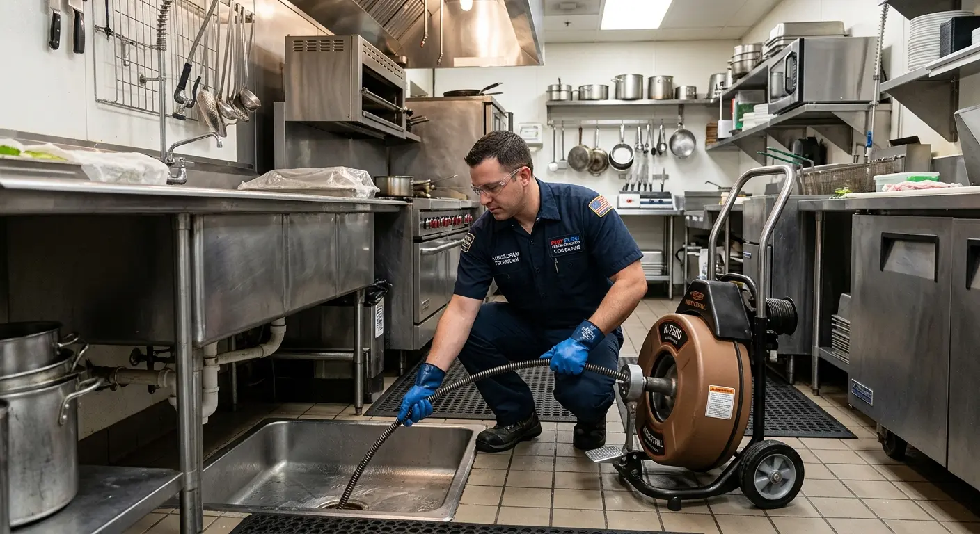 Commercial drain cleaning service in a restaurant kitchen in Winton