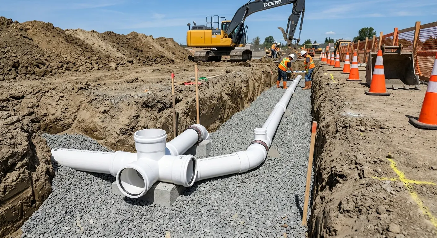 New PVC sewer pipe installation in open trench for Sewer Backup in Winton