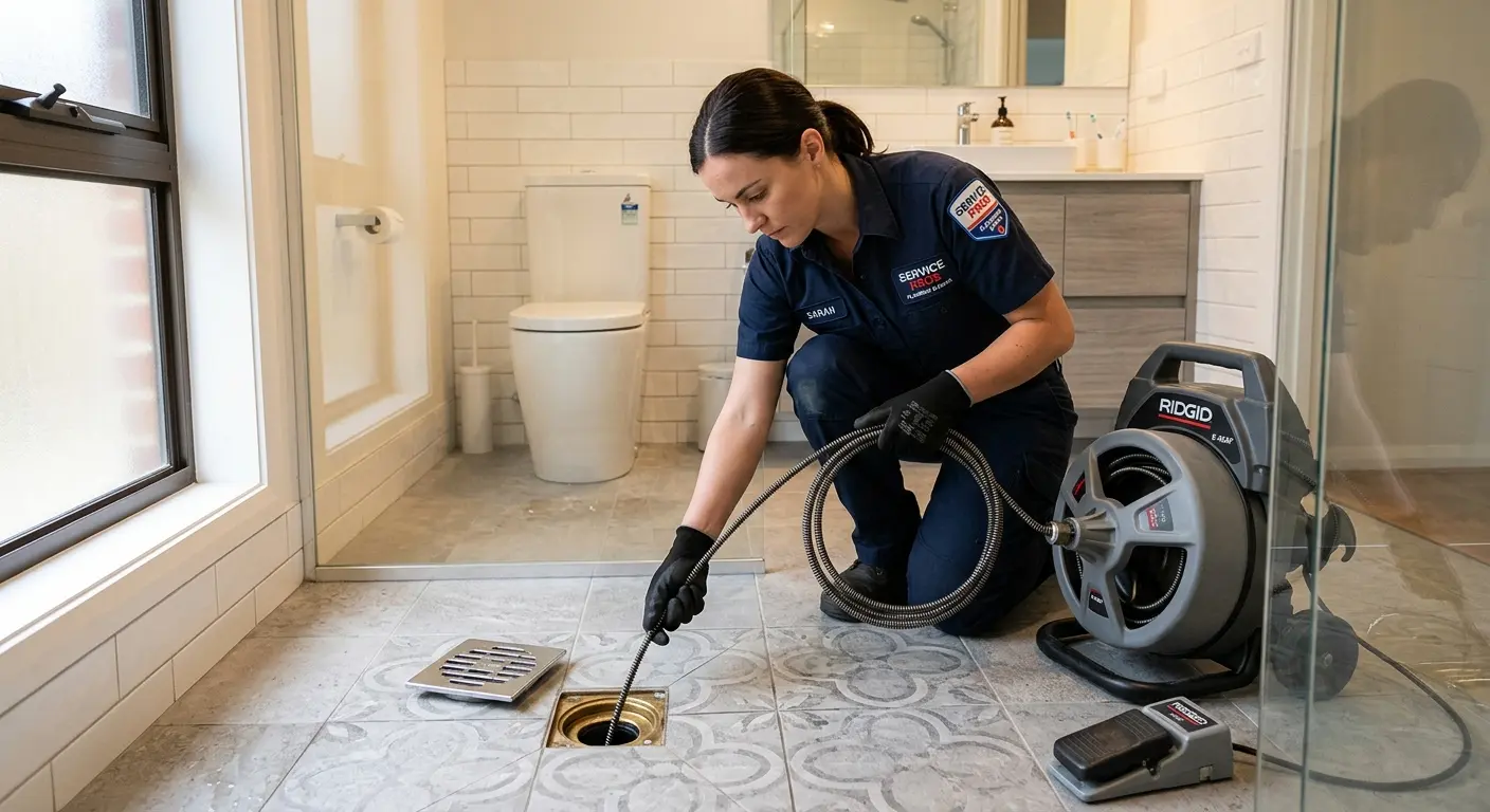 Technician clearing a bathroom floor drain for Sewer Line Replacement in Winton
